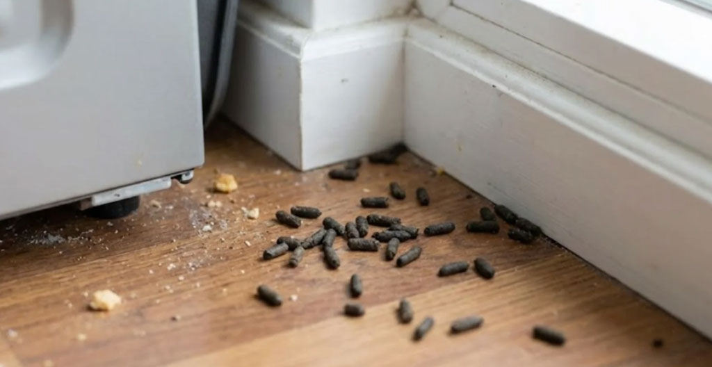 Comparaison entre déjections de rat et de souris sur une surface en bois, avec différence de taille et de forme visible