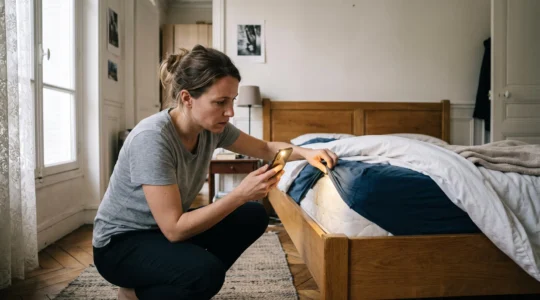 Une femme accroupie inspecte le cadre et la tête de lit en bois avec la lampe de son téléphone dans une chambre.